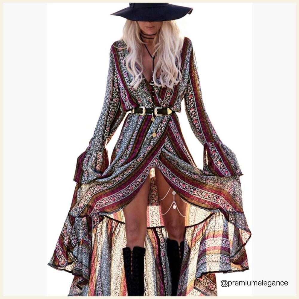 Long Sleeve Maxi Dress Wrap Tie V Neck Floral Boho Summer - Picture 1 of 7